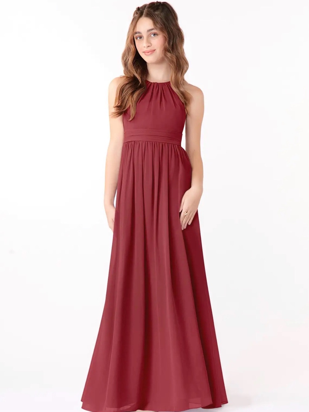 Azazie Burgundy Halter Girls Formal Dress